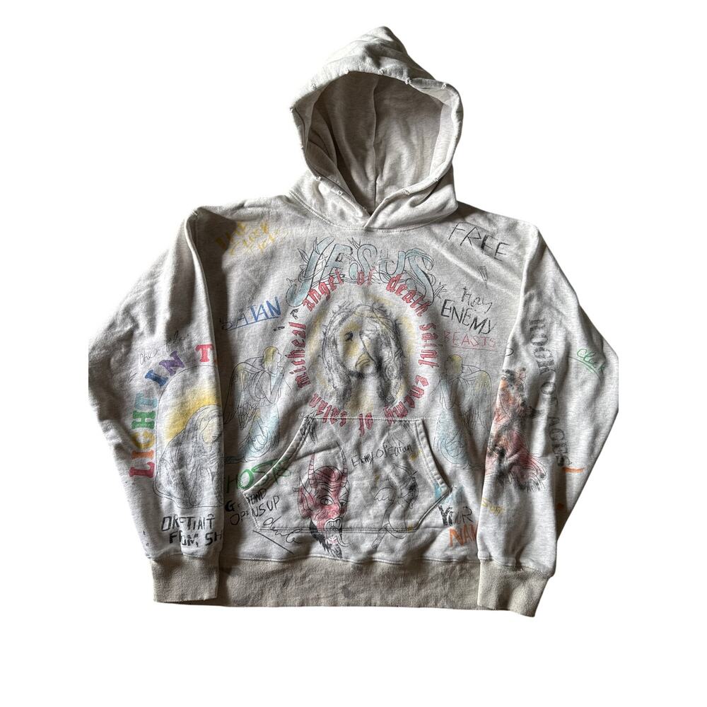 Saint Michael Born X Raised Graffiti Jesus AOP Heather Gray/White Large Hoodie